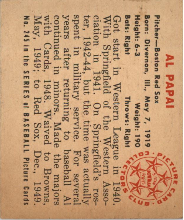1950 Bowman #245 Al Papai RC back image