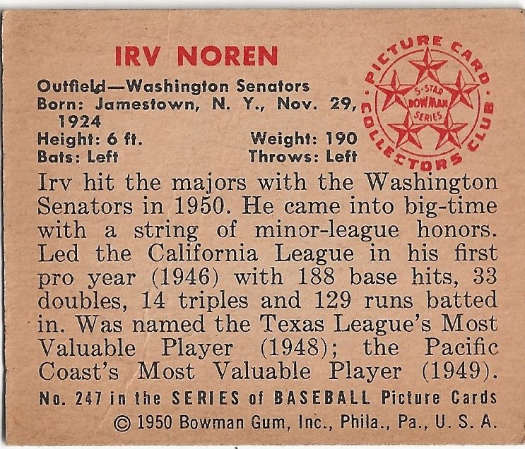 1950 Bowman #247 Irv Noren RC back image