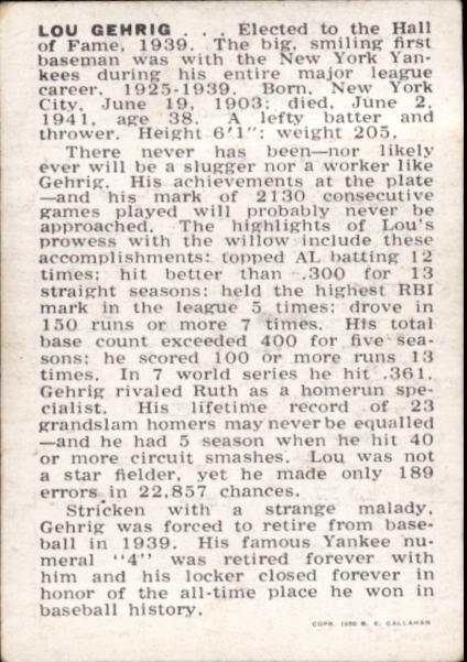 1950-56 Callahan HOF W576 #33 Lou Gehrig back image