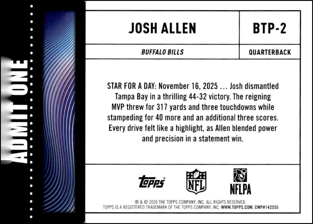 2026 Topps Big Ticket Players #BTP2 Josh Allen back image