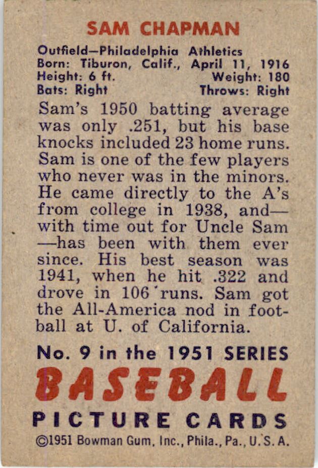 1951 Bowman #9 Sam Chapman back image