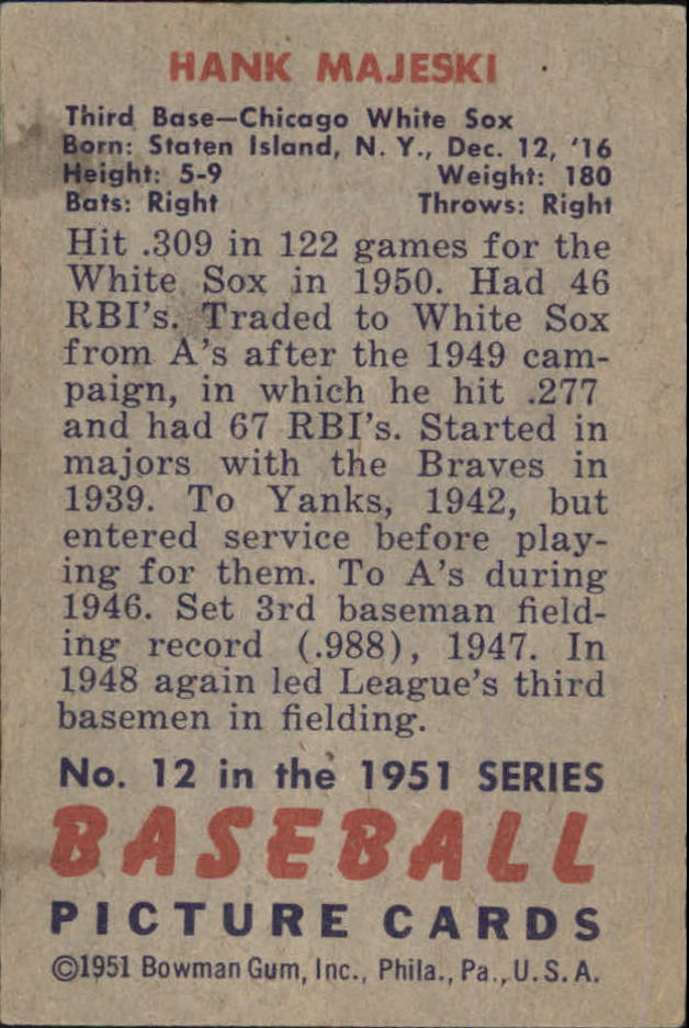 1951 Bowman #12 Hank Majeski back image