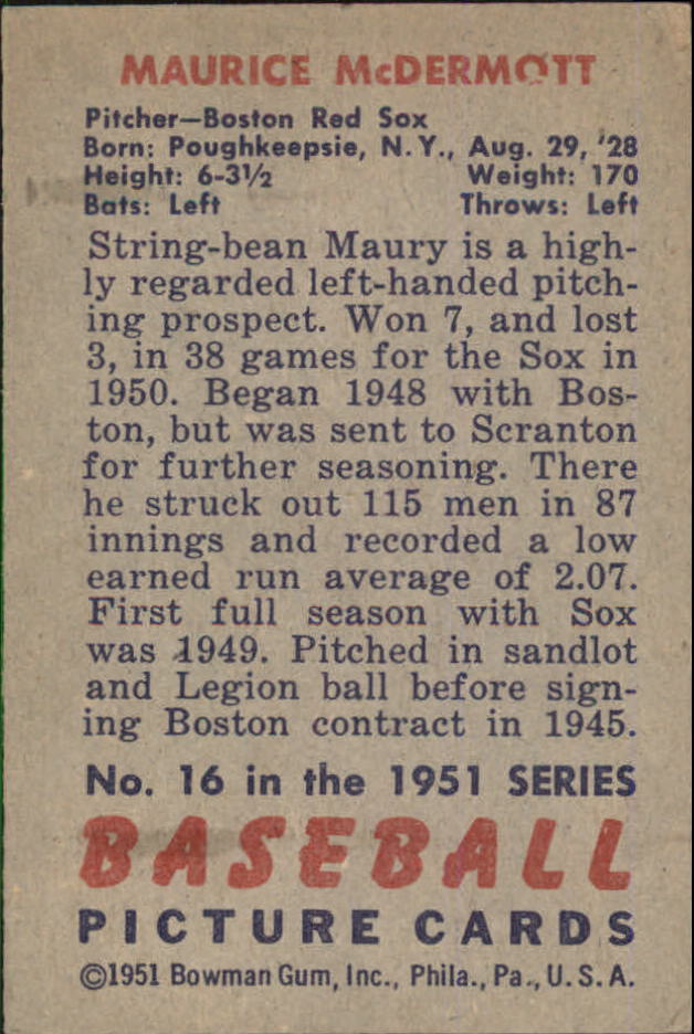1951 Bowman #16 Maurice McDermott back image