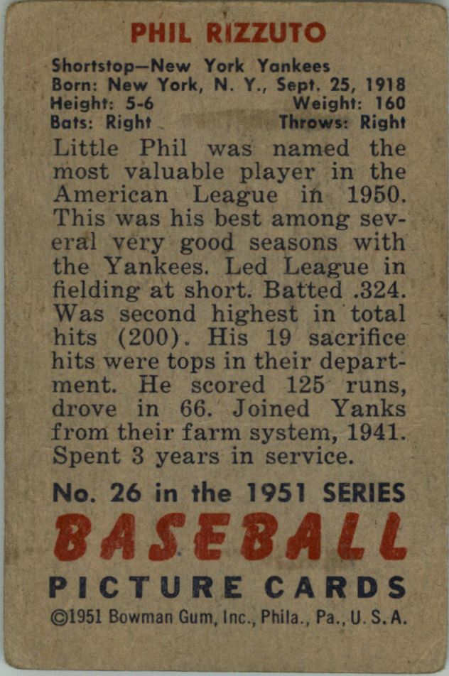 1951 Bowman #26 Phil Rizzuto back image