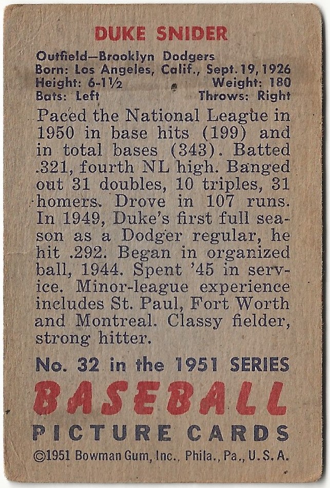1951 Bowman #32 Duke Snider back image