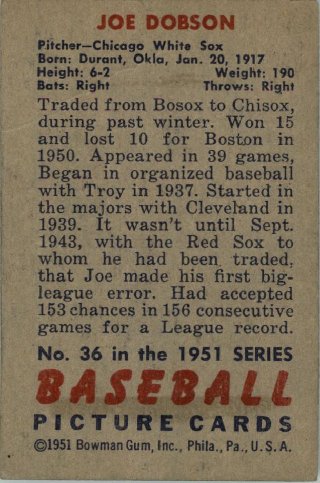 1951 Bowman #36 Joe Dobson back image