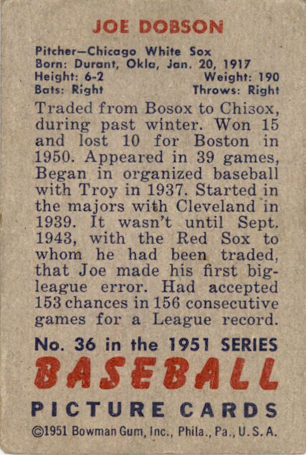 1951 Bowman #36 Joe Dobson back image