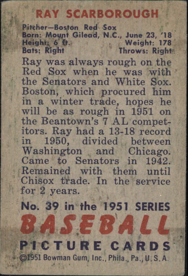 1951 Bowman #39 Ray Scarborough back image