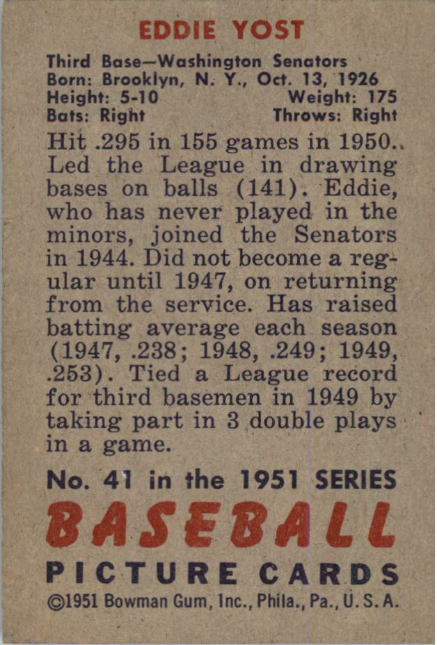1951 Bowman #41 Eddie Yost back image