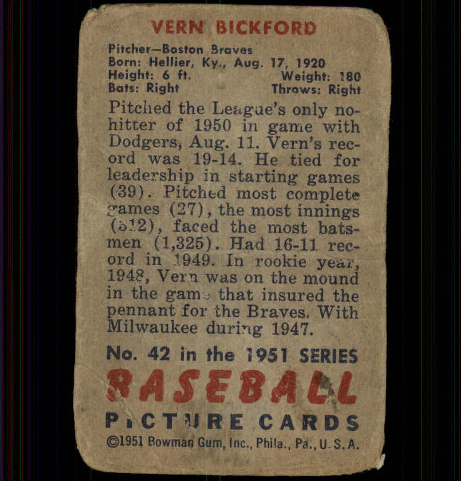 1951 Bowman #42 Vern Bickford back image