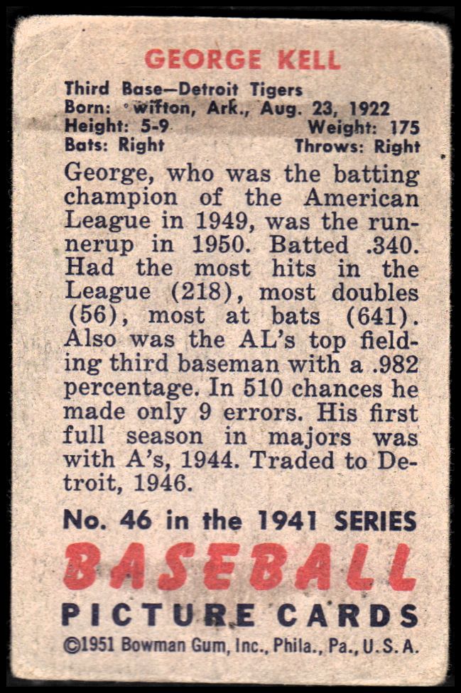 1951 Bowman #46 George Kell UER/Mentions 1941 back image