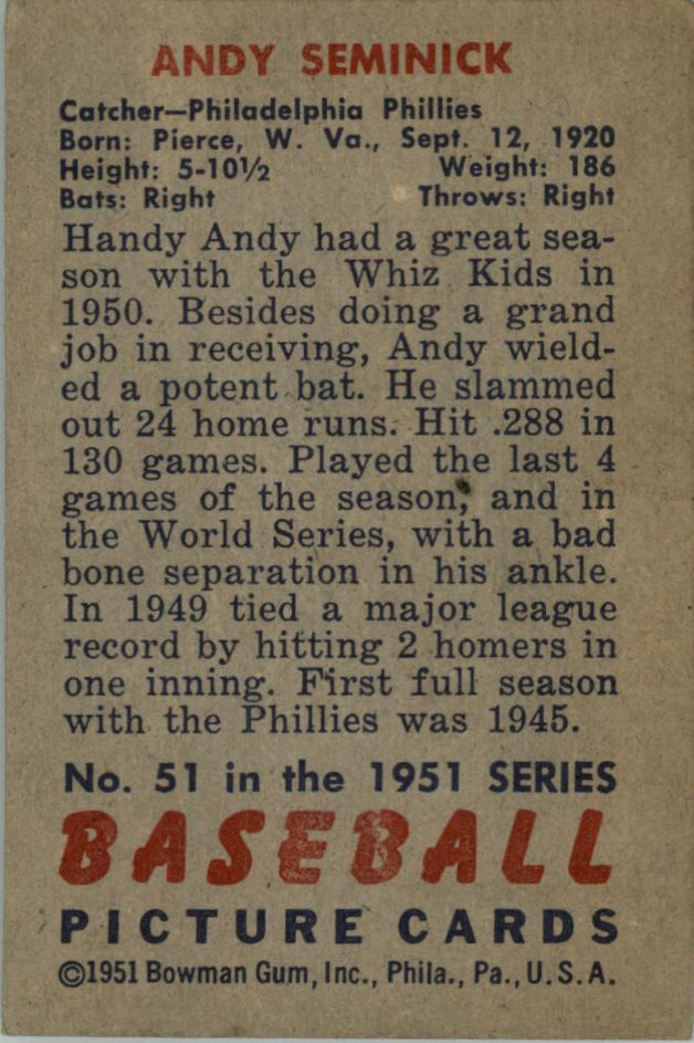 1951 Bowman #51 Andy Seminick back image