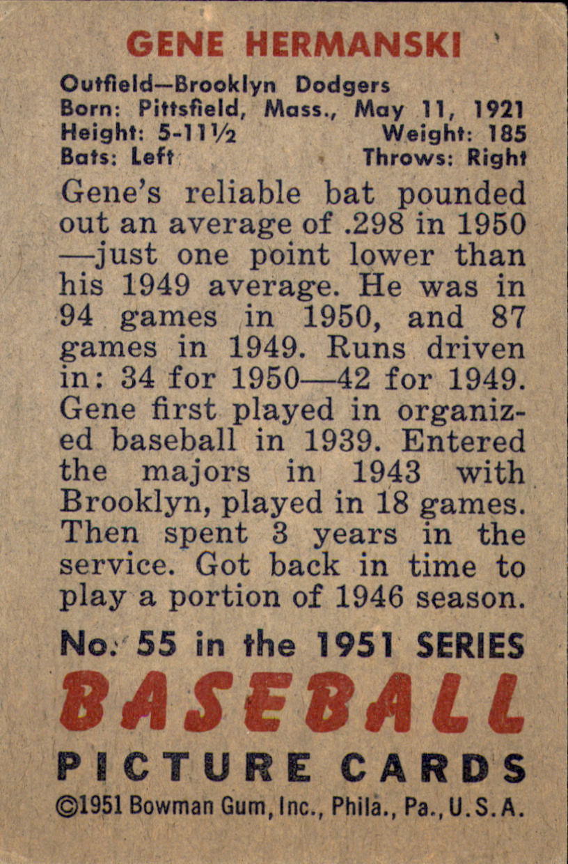1951 Bowman #55 Gene Hermanski back image