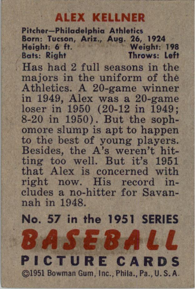 1951 Bowman #57 Alex Kellner back image