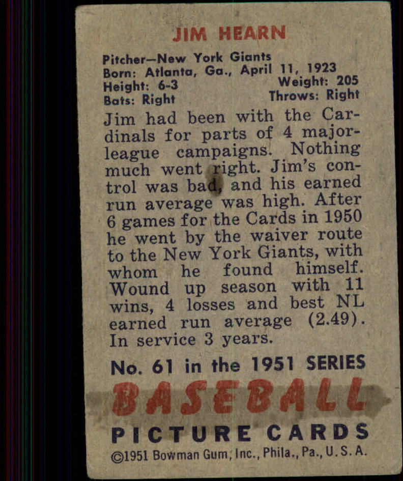 1951 Bowman #61 Jim Hearn back image