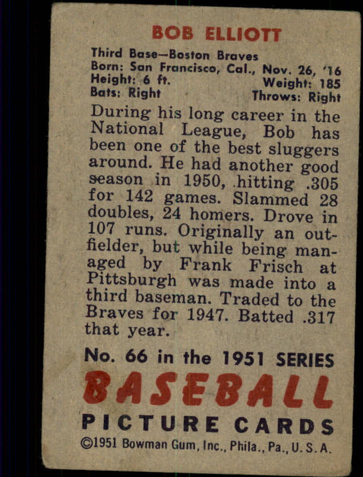 1951 Bowman #66 Bob Elliott back image