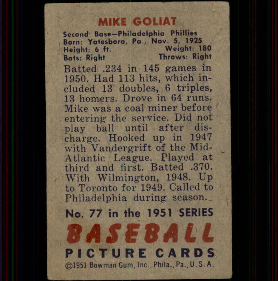 1951 Bowman #77 Mike Goliat back image