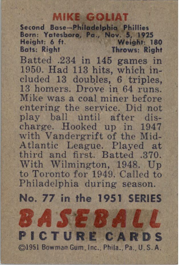 1951 Bowman #77 Mike Goliat back image