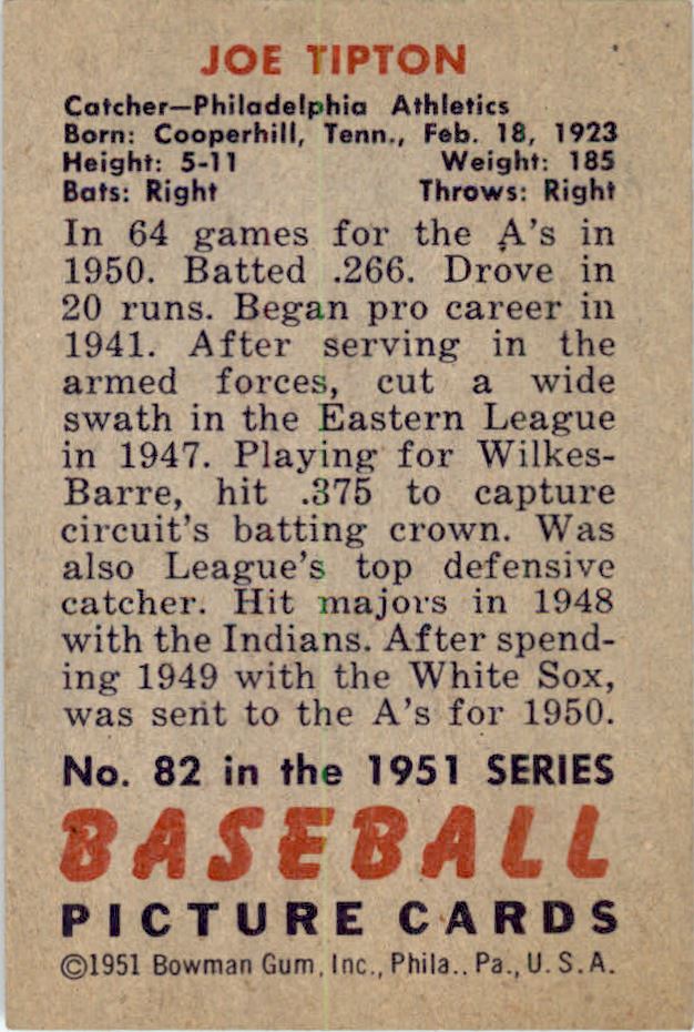 1951 Bowman #82 Joe Tipton back image