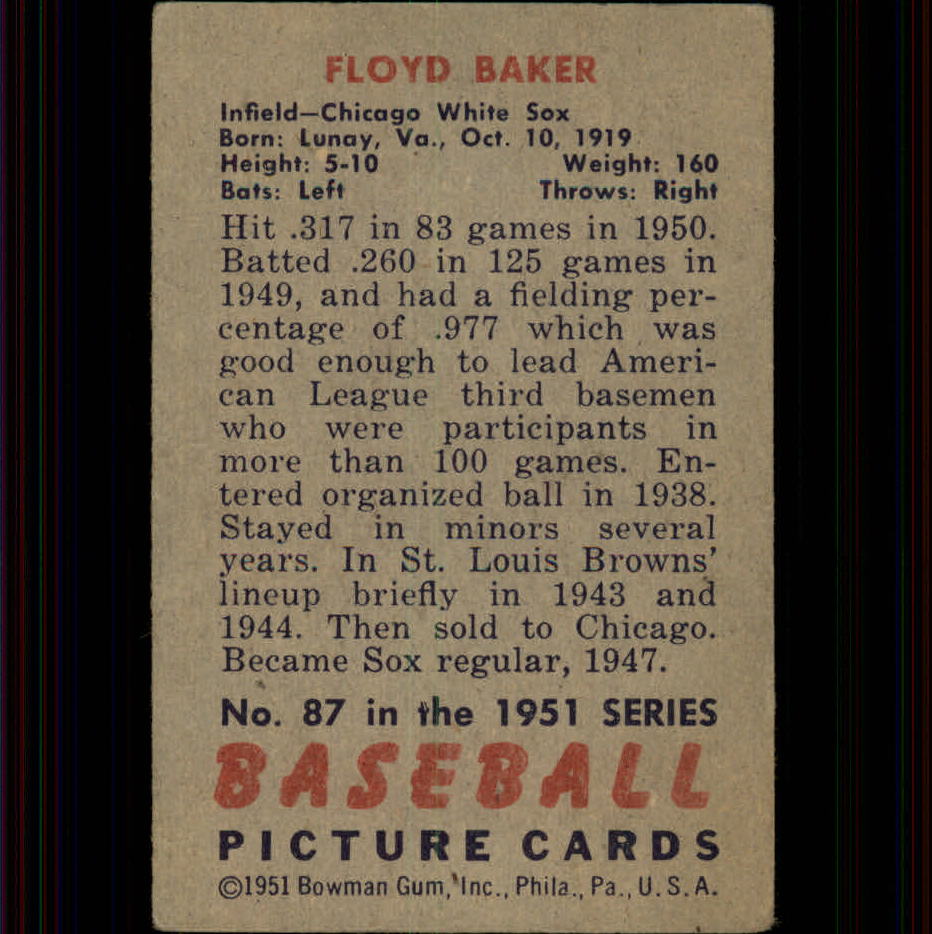 1951 Bowman #87 Floyd Baker back image
