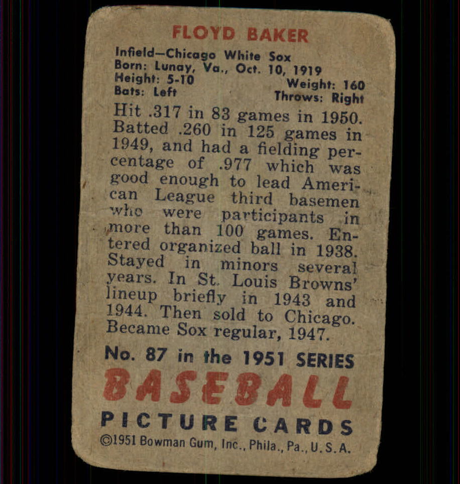 1951 Bowman #87 Floyd Baker back image