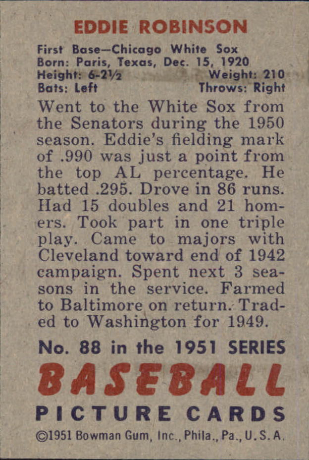 1951 Bowman #88 Eddie Robinson back image