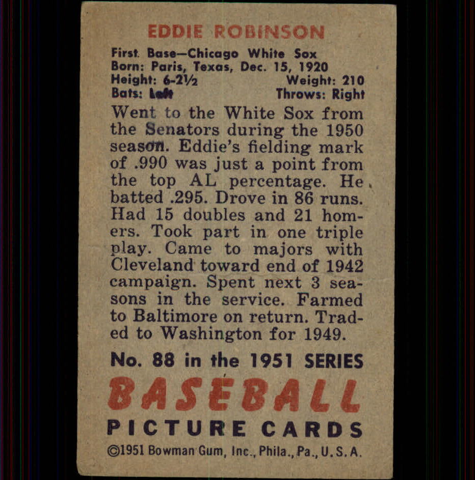 1951 Bowman #88 Eddie Robinson back image