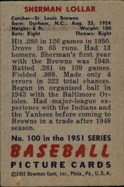 1951 Bowman #100 Sherm Lollar back image