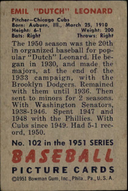 1951 Bowman #102 Dutch Leonard back image