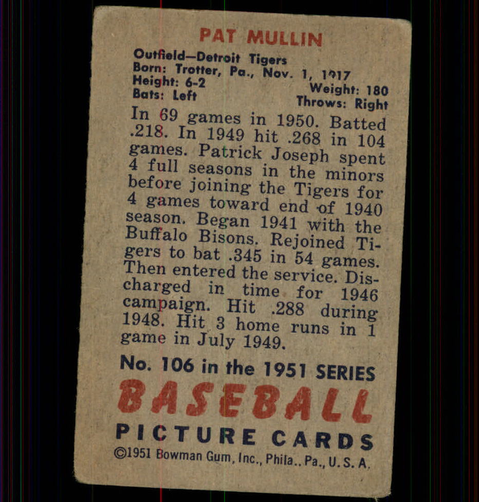 1951 Bowman #106 Pat Mullin back image