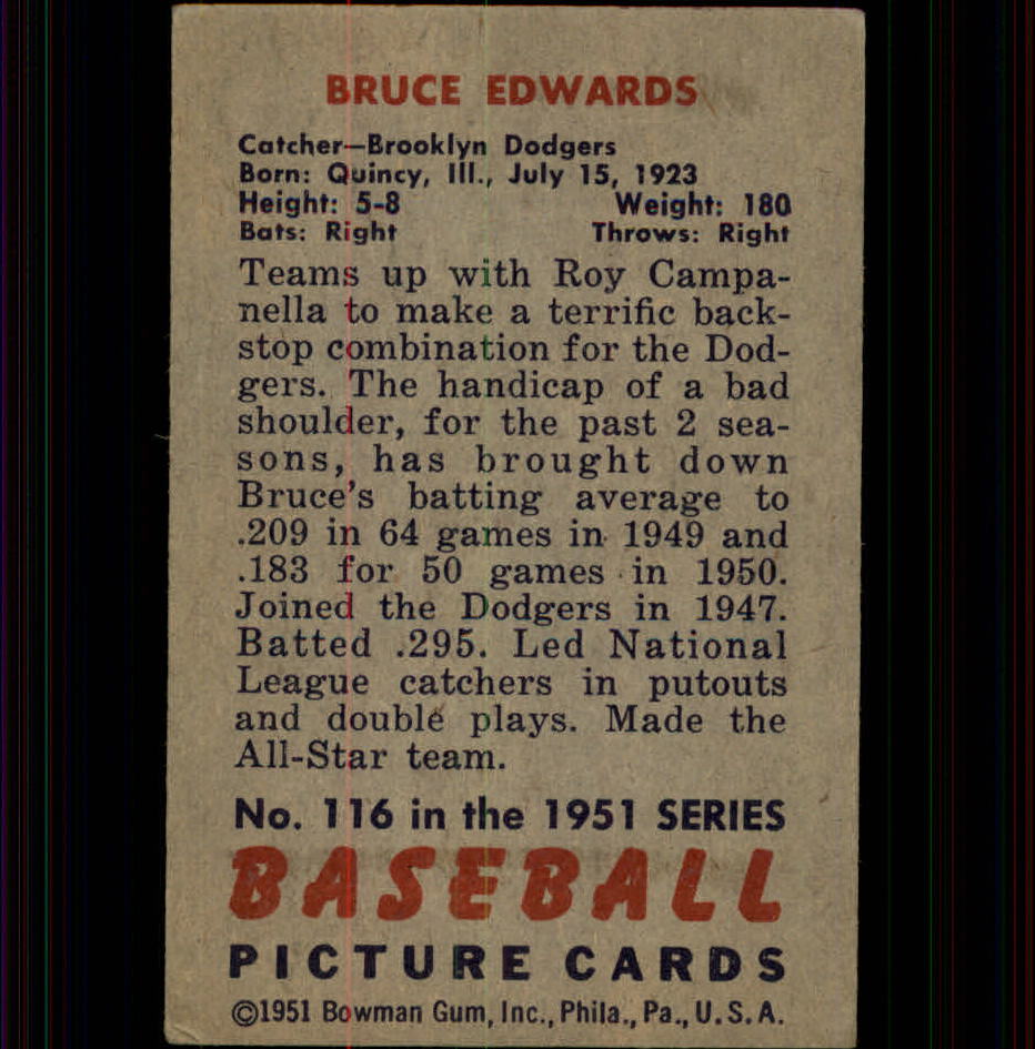 1951 Bowman #116 Bruce Edwards back image