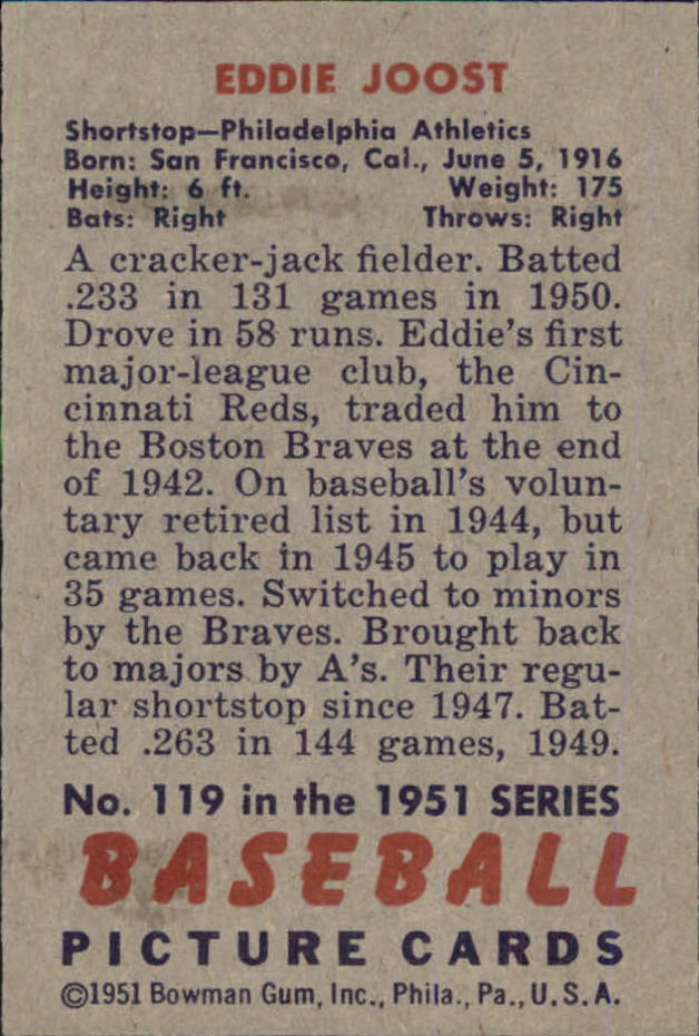 1951 Bowman #119 Eddie Joost back image