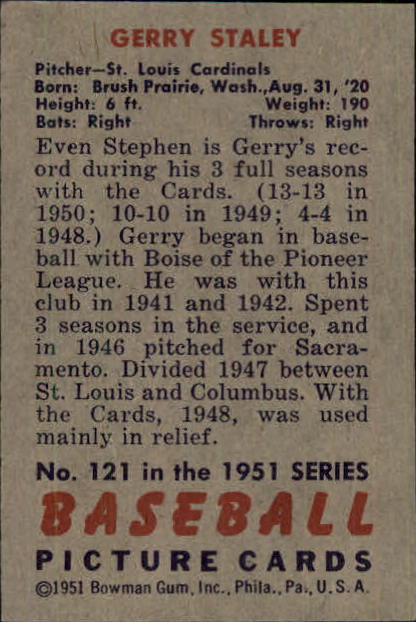 1951 Bowman #121 Gerry Staley RC back image
