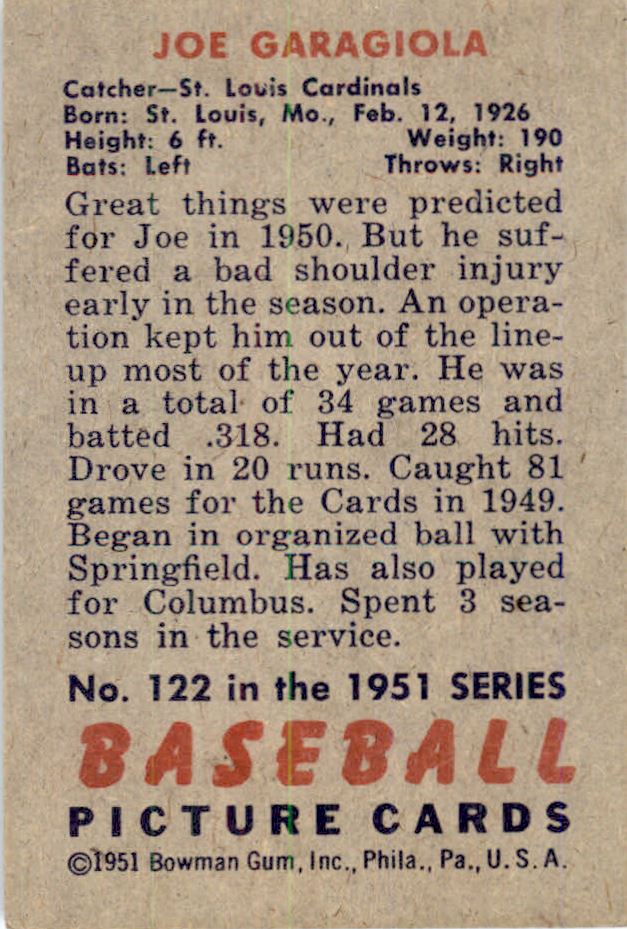 1951 Bowman #122 Joe Garagiola RC back image
