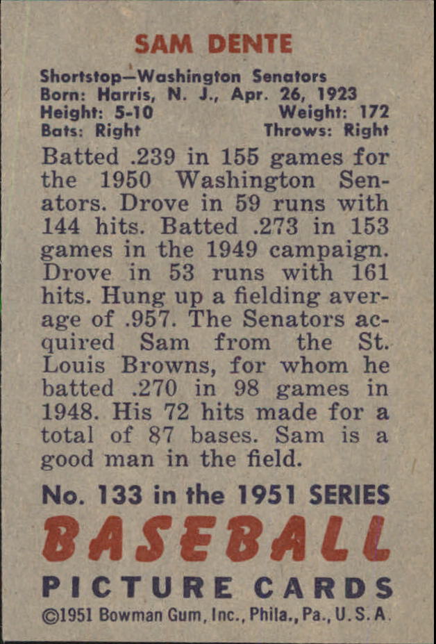 1951 Bowman #133 Sam Dente back image