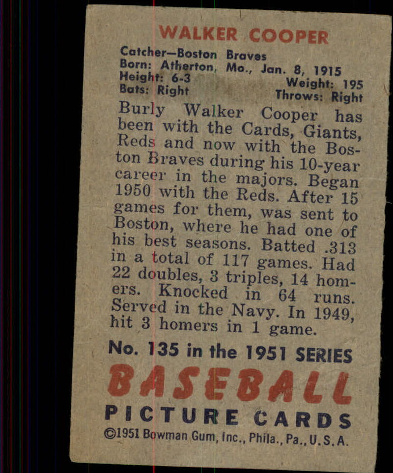 1951 Bowman #135 Walker Cooper back image