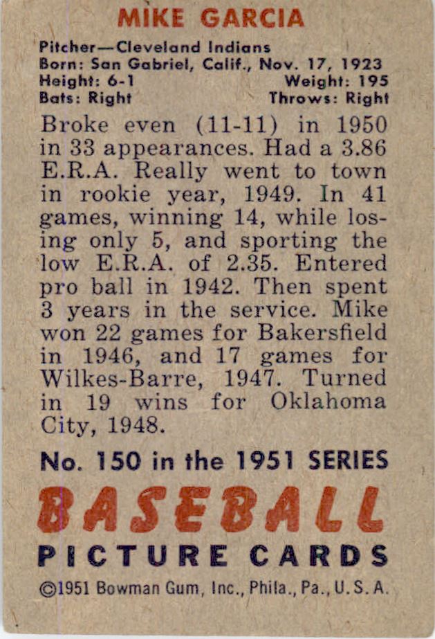 1951 Bowman #150 Mike Garcia back image