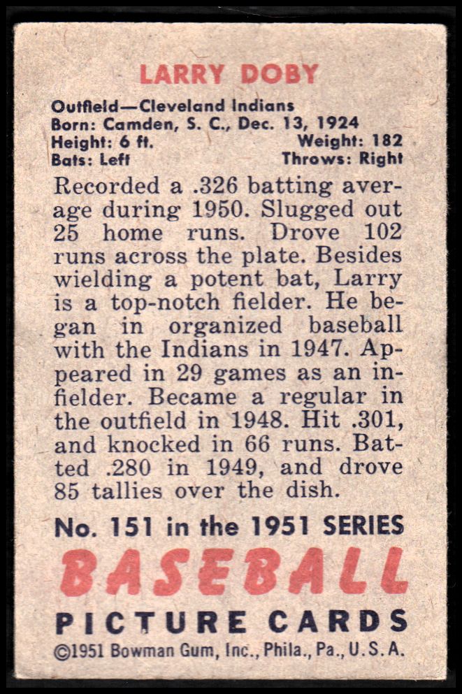 1951 Bowman #151 Larry Doby back image