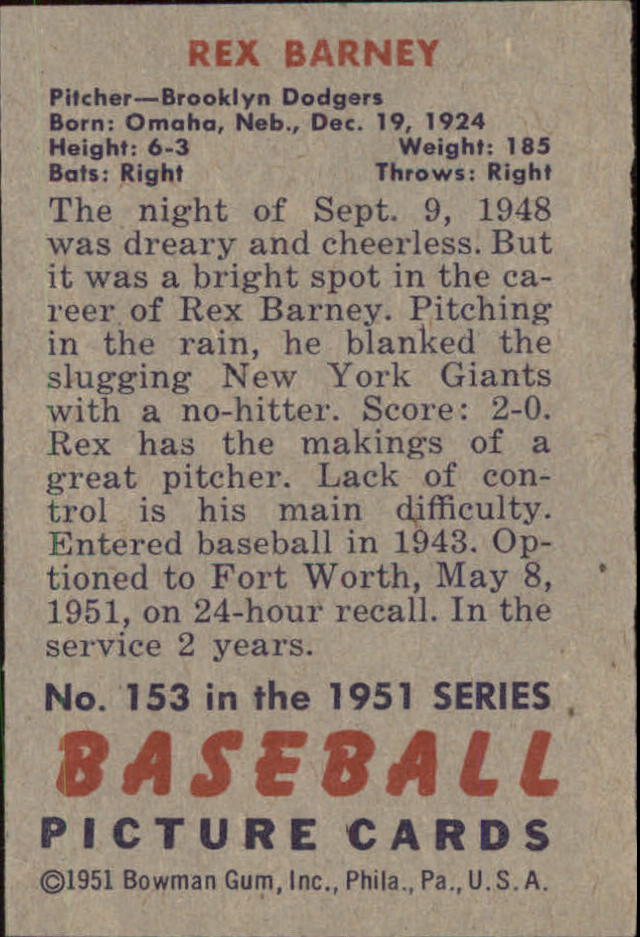1951 Bowman #153 Rex Barney back image