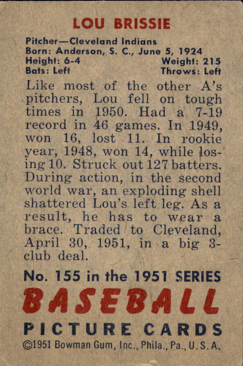 1951 Bowman #155 Lou Brissie back image