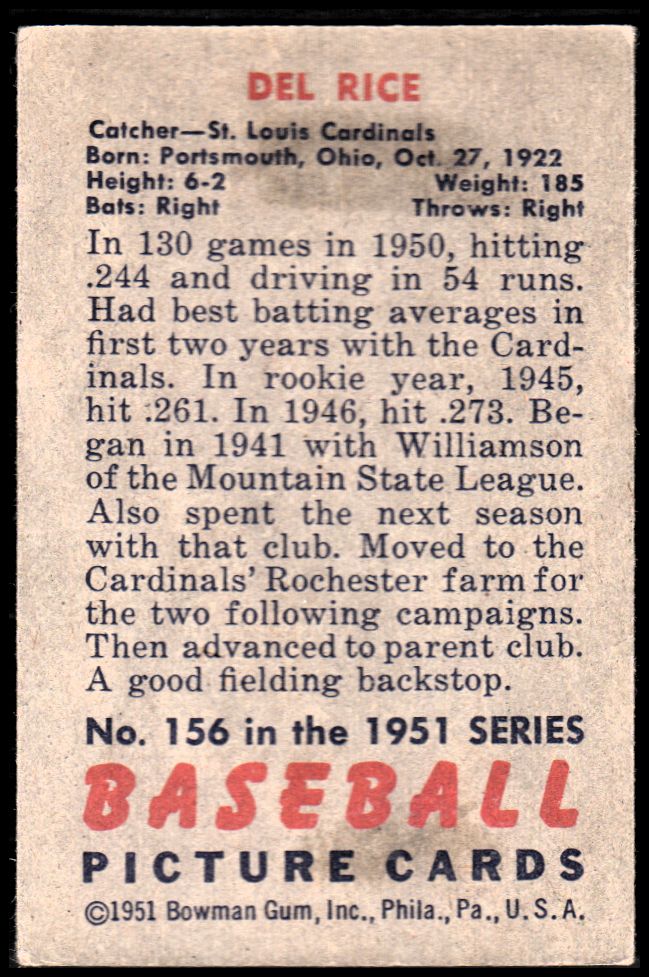 1951 Bowman #156 Del Rice back image