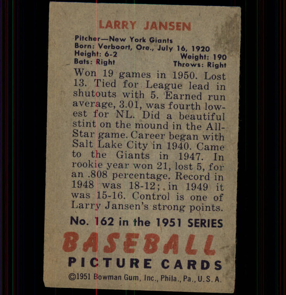 1951 Bowman #162 Larry Jansen back image