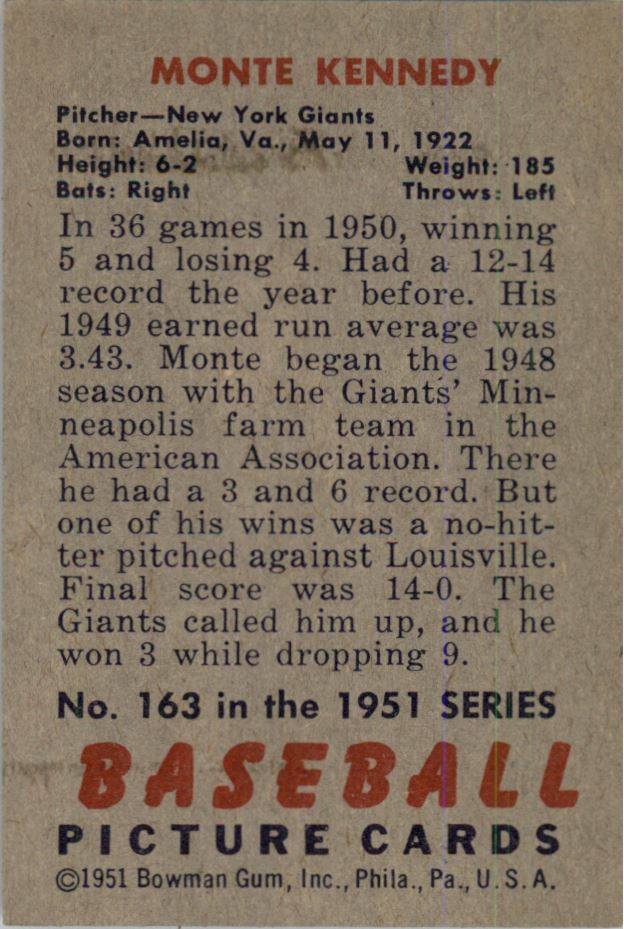 1951 Bowman #163 Monte Kennedy back image