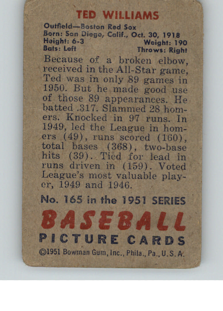 1951 Bowman #165 Ted Williams UER/Wrong birthdate back image