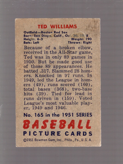 1951 Bowman #165 Ted Williams UER/Wrong birthdate back image