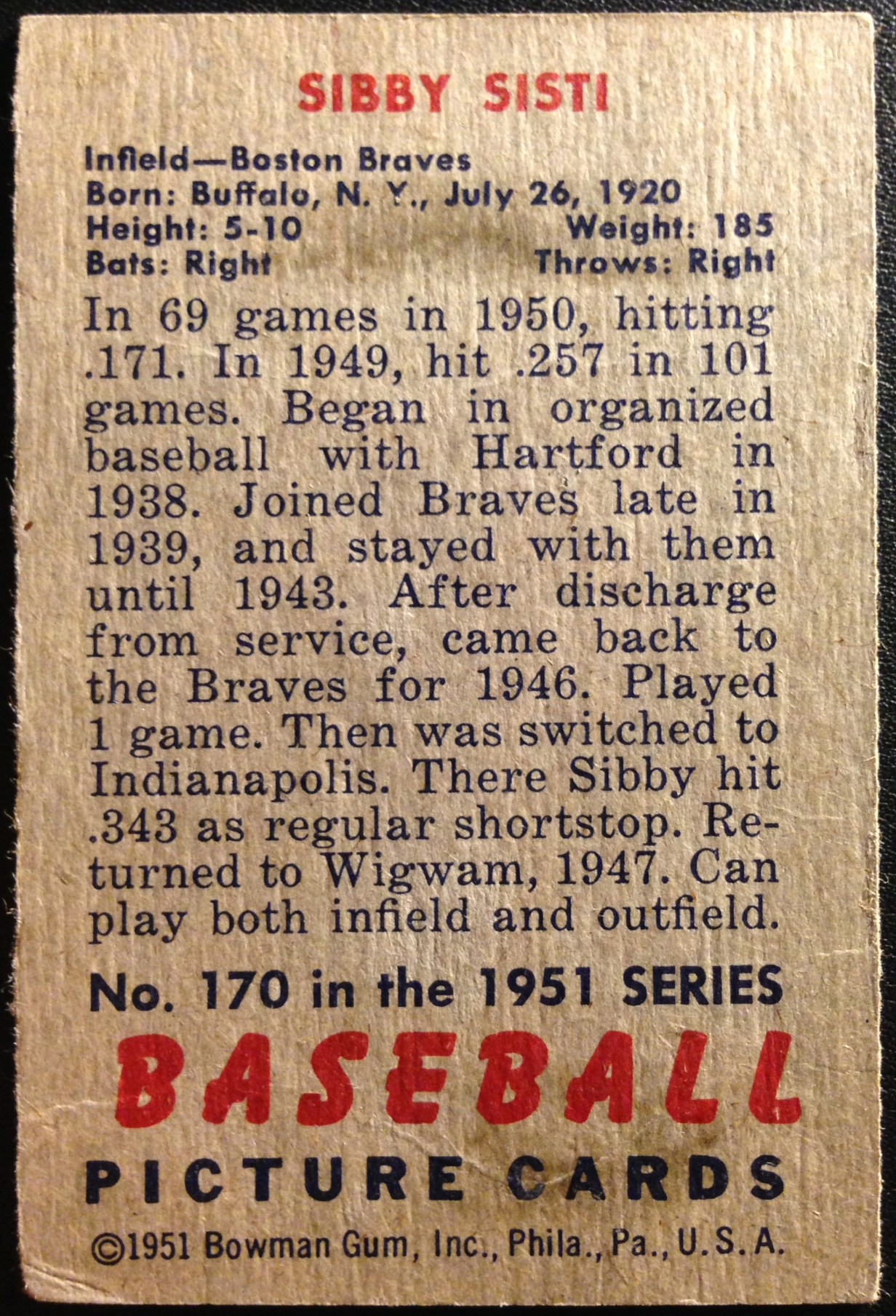 1951 Bowman #170 Sibby Sisti back image
