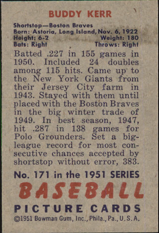 1951 Bowman #171 Buddy Kerr back image