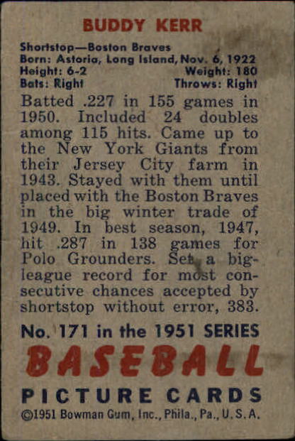 1951 Bowman #171 Buddy Kerr back image