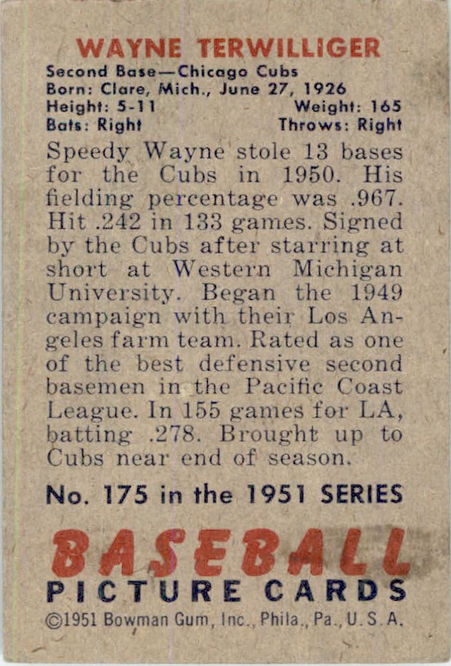 1951 Bowman #175 Wayne Terwilliger back image