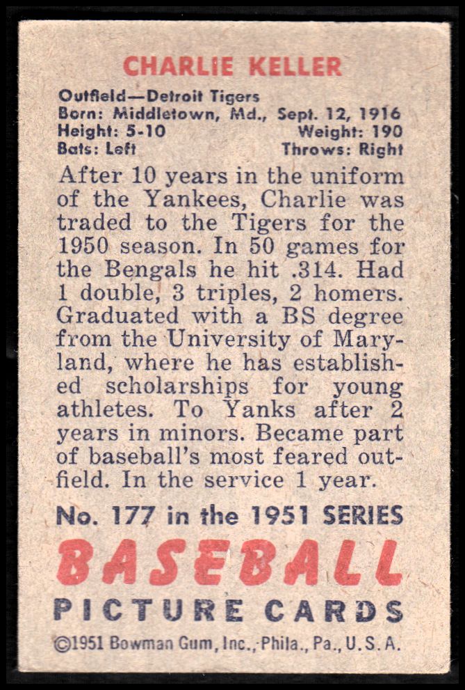 1951 Bowman #177 Charlie Keller back image
